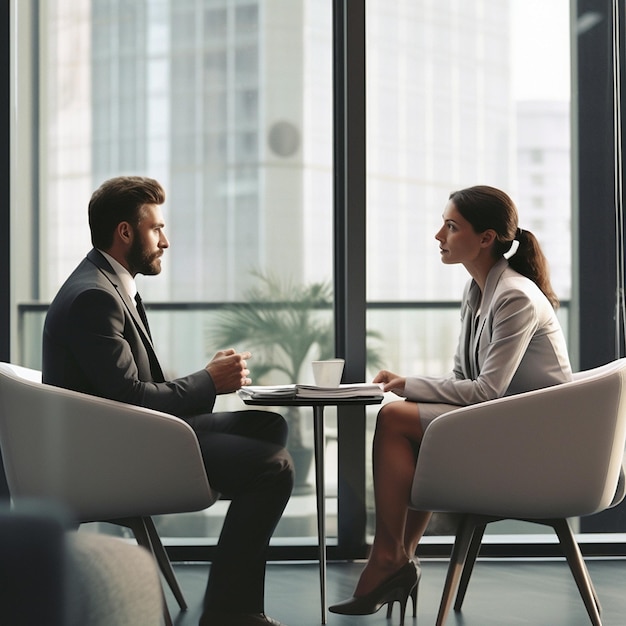 a man and woman sit at a table and talk.