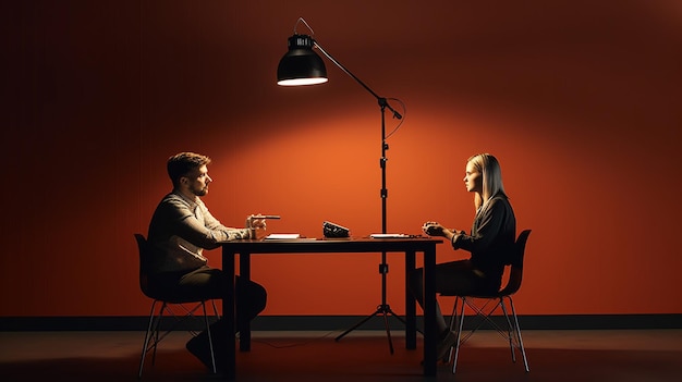 Мужчина и женщина сидят за столом с лампой, на которой написано "Свет включен".