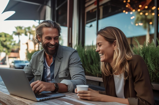 A man and a woman sit at a table with a laptop and a cup of coffee.