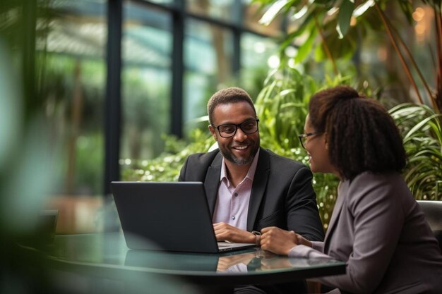 Photo a man and a woman sit at a table with a laptop