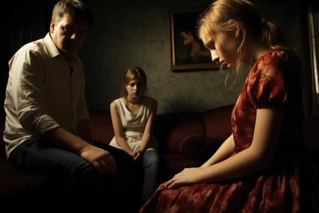 Photo a man and a woman sit together on a couch in a dimly lit room teenage girl feeling down while her parents try to comfort her ai generated