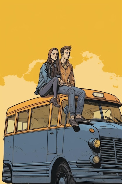 A man and woman sit on top of a blue van.