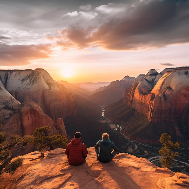 Photo a man and woman sit on top of mountain sunset time lover point