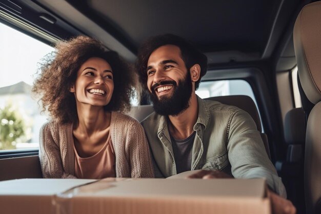 車の後部座席に座る男女のAI画像生成