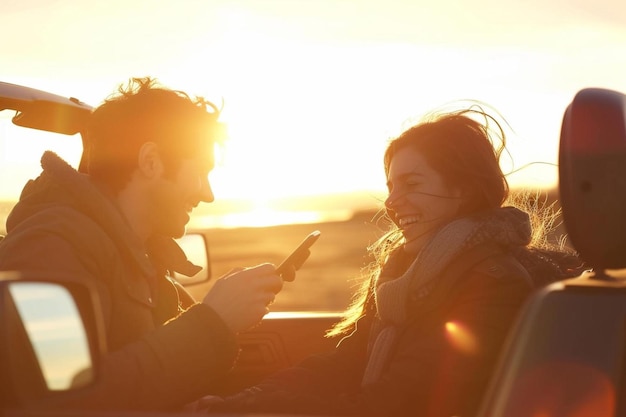 Photo a man and a woman sitting in the back of a truck