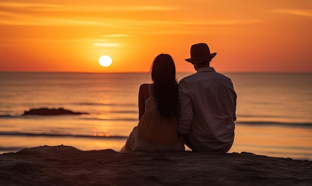 A man and a woman sitting on a beach watching the sunset