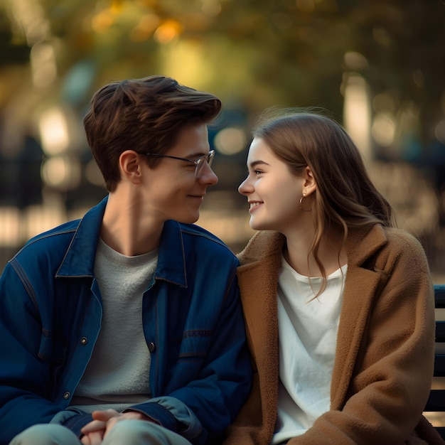 Мужчина и женщина сидят на скамейке, смотрят друг на друга и улыбаются