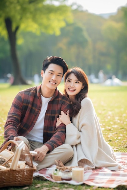 a man and woman sitting on a blanket in a park