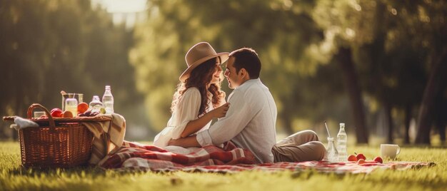공원에서 담요 위에 앉아 있는 남자와 여자