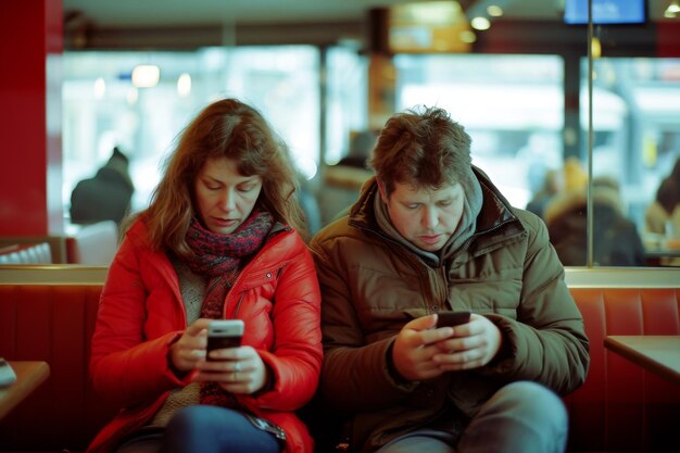 Photo man and woman sitting in booth engaged with cell phones