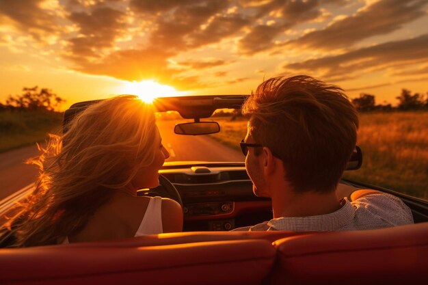 Foto un uomo e una donna seduti in una macchina convertibile al tramonto