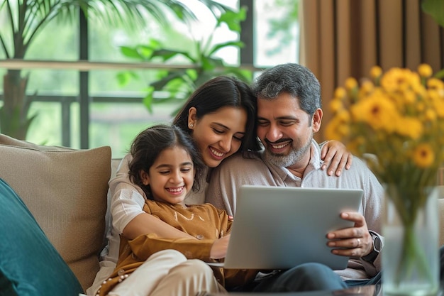 Photo a man and woman sitting on a couch looking at a laptop