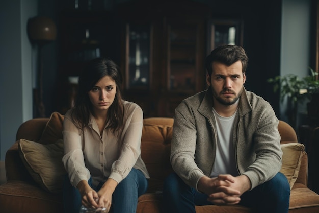 Man and Woman Sitting on Couch Relaxing and Talking in Living Room Sad pensive couple thinking of relationships problems sitting on sofa AI Generated