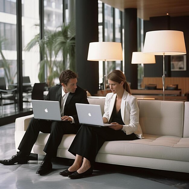 a man and woman sitting on a couch with apple laptops