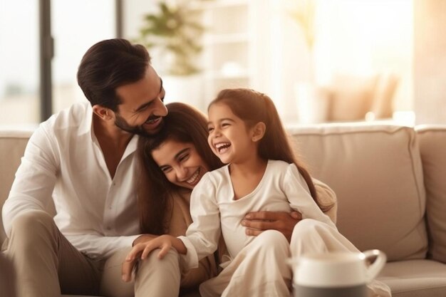 a man and woman sitting on a couch with a little girl