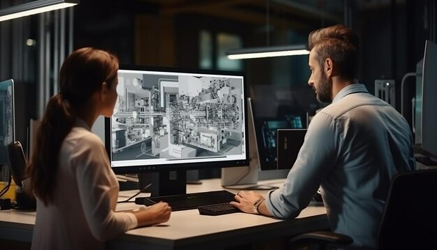 a man and a woman sitting at a desk looking at a computer screen