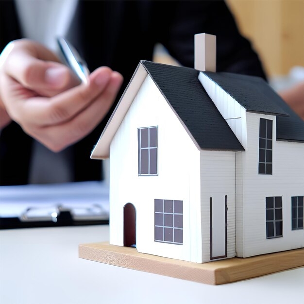 Man and woman sitting at a desk with a model house on the engineering