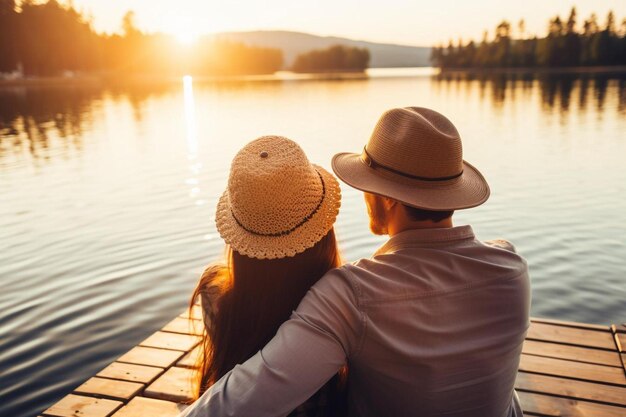 Photo a man and a woman sitting on a dock looking at the water