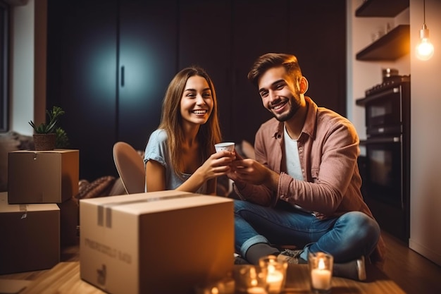 A man and a woman sitting on the floor with boxes and candles generative ai image