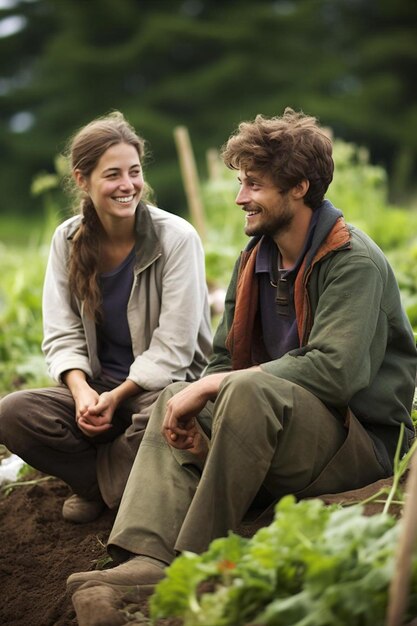 a man and a woman sitting in a garden