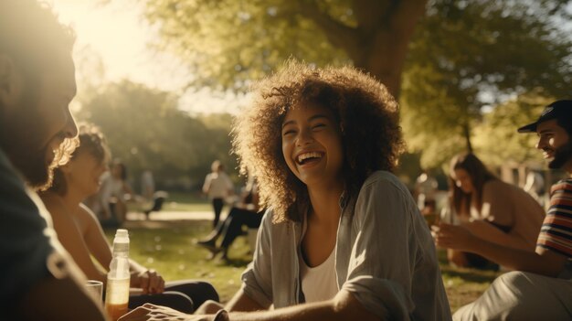 Photo man and woman sitting at picnic table