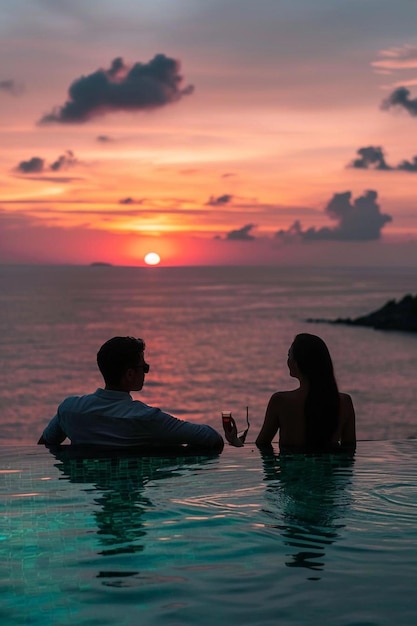 a man and a woman sitting in a pool at sunset