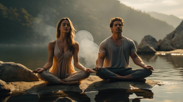 Man and Woman Sitting on Rock by Body of Water