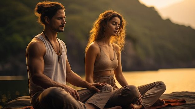 Photo man and woman sitting on rock by body of water