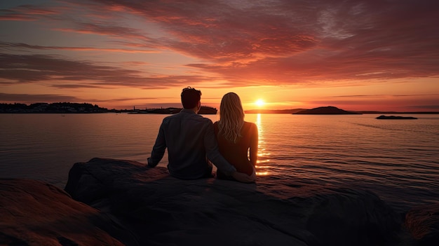 Foto uomo e donna seduti sulla roccia guardando il tramonto insieme nella natura giornata estiva