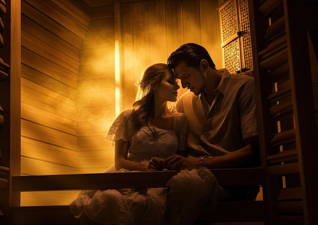 A man and a woman sitting in a sauna