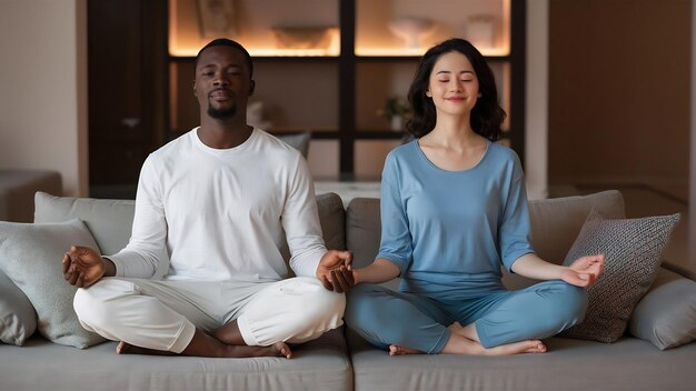 Man and woman sitting on sofa in lotus pose