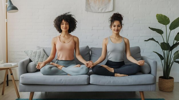 Man and woman sitting on sofa in lotus pose