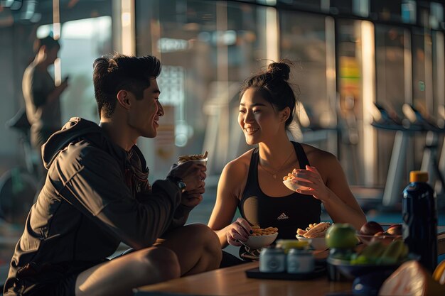 テーブルに座って食べ物を食べている男性と女性