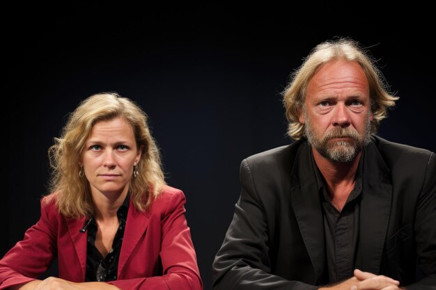 Photo man and woman sitting at table in front of crowd