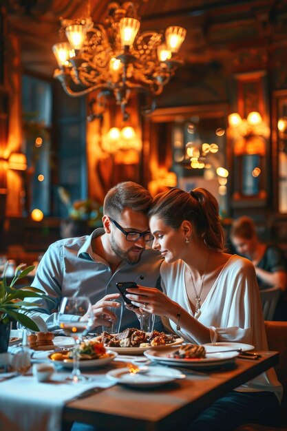 Photo a man and woman sitting at a table in a restaurant perfect for illustrating a romantic date night or dining out experience