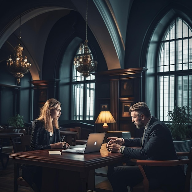 a man and woman sitting at a table with a laptop.