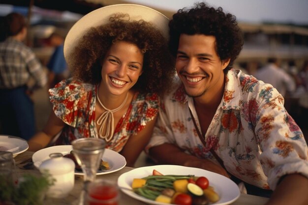 Photo a man and a woman sitting at a table with a plate of food