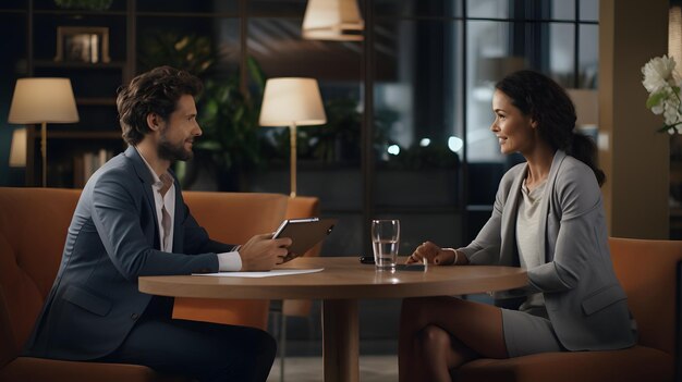 A man and a woman sitting at a table with a tablet Generative AI