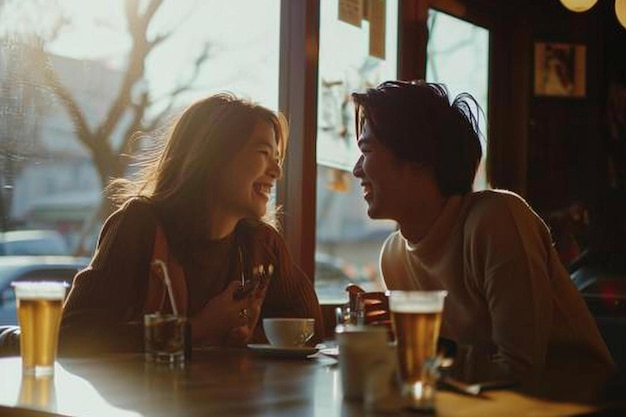 Photo a man and a woman sitting at a table