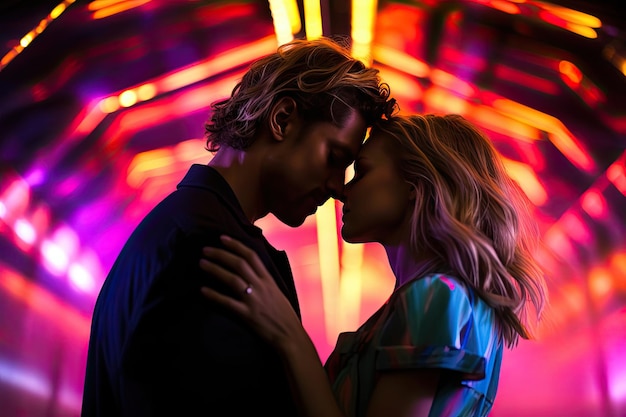 A man and a woman slow dance and kiss under neon lights at a party