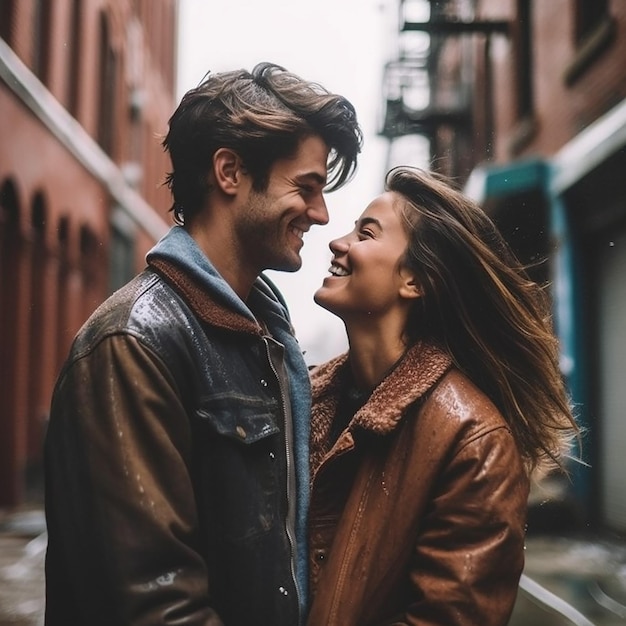 A man and woman smile and smile in the rain.