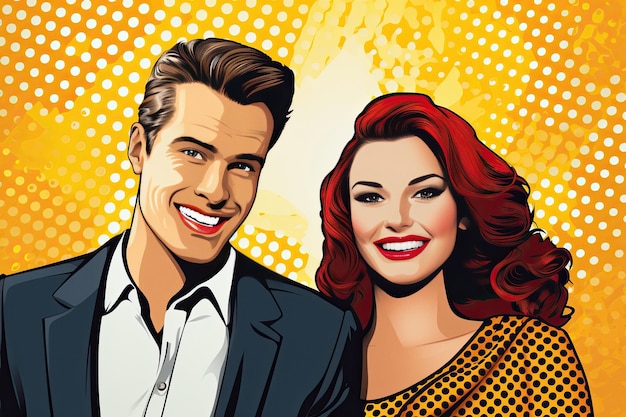 Man and woman smiling in pop art style portrait