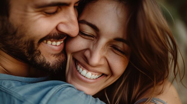 Мужчина и женщина улыбаются, обнимая друг друга.