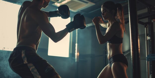 Photo a man and a woman sparring in a gym suitable for fitness and sports concept