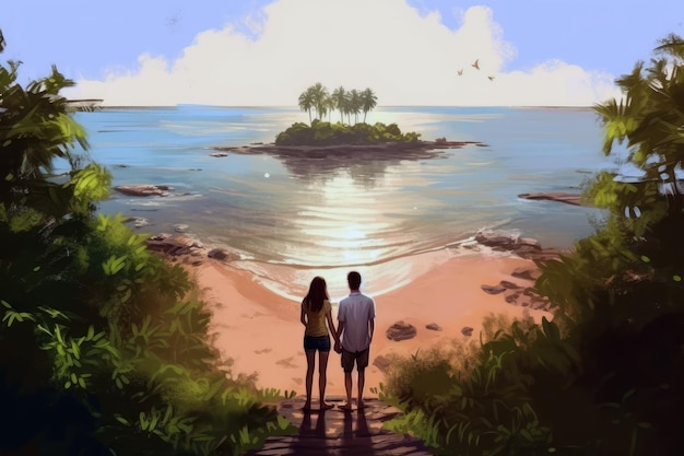 남자와 여자는 바다를 내다보는 해변에 서 있다