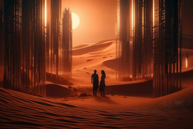 A man and woman stand in a desert with the sun shining on them.