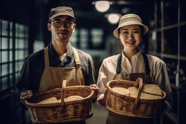 A man and a woman stand in a food factory