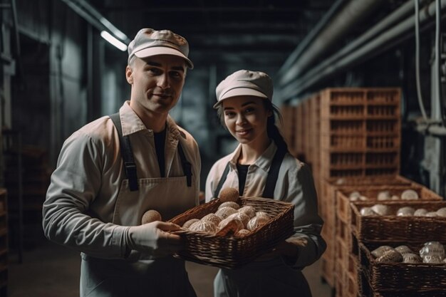 A man and a woman stand in a food factory