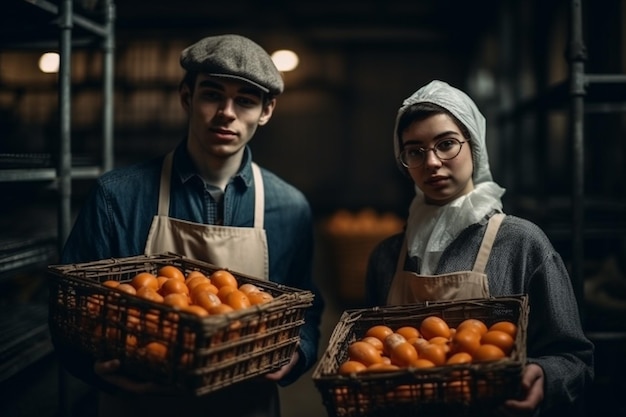 A man and a woman stand in a food factory