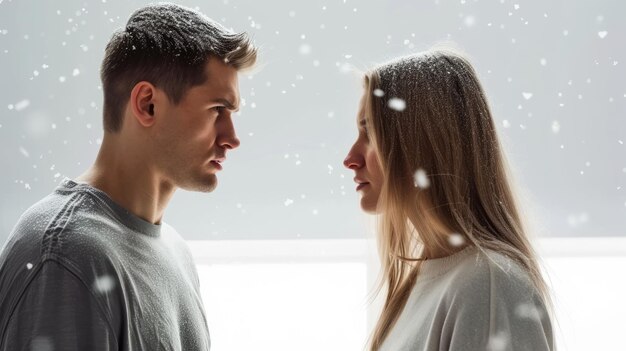 A man and a woman stand in front of each other in the snow